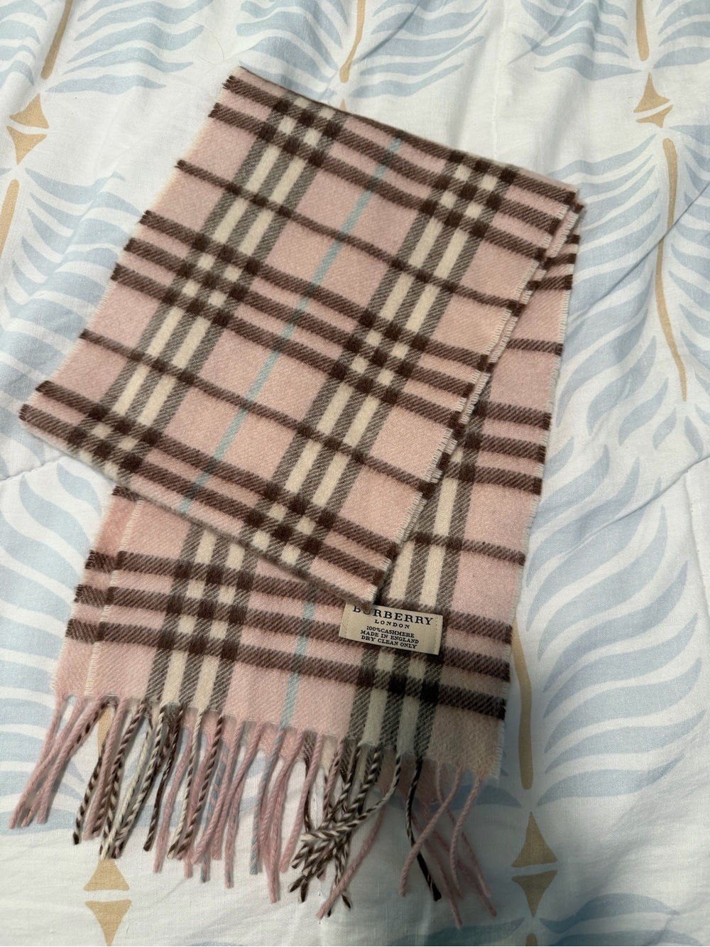 Burberry Pink Plaid Cashmere Scarf with Light Blue Accents